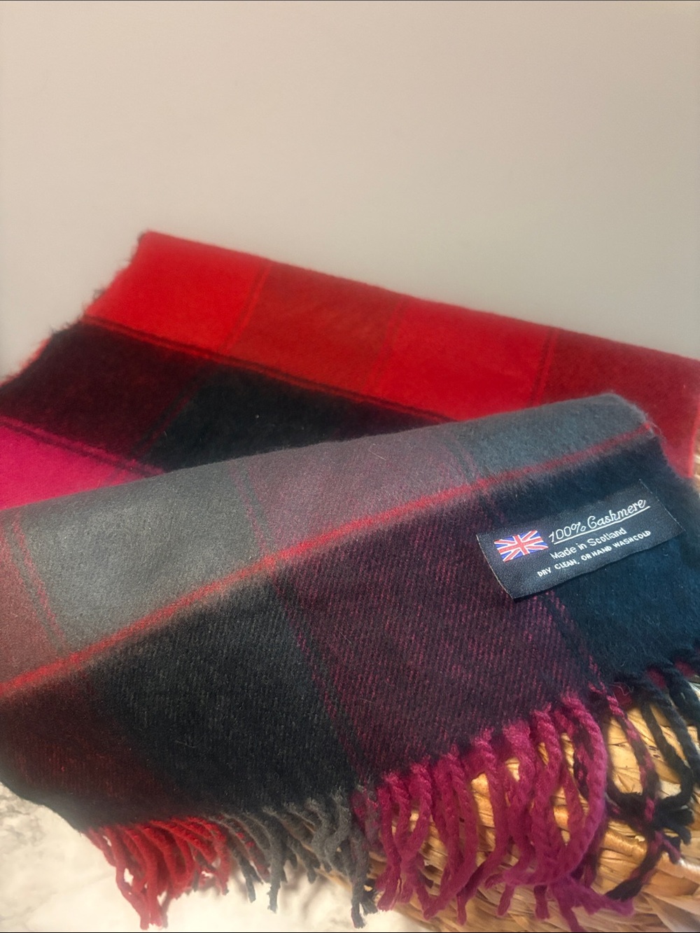 100% Cashmere Red, Maroon, Gray & Black Plaid Scarf Made in Scotland